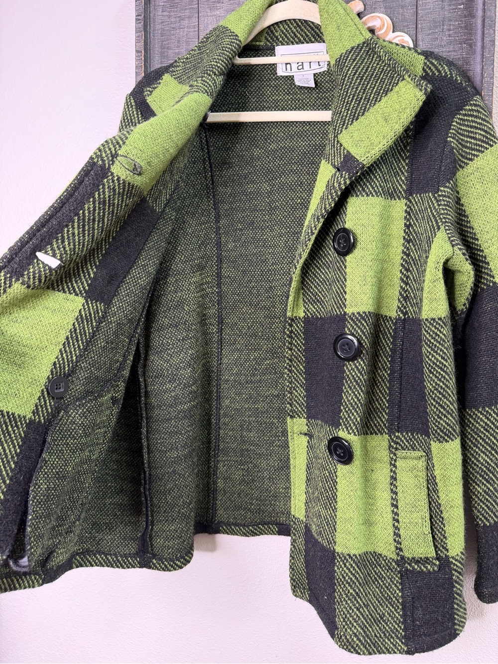 Vintage Keren Hart 100% Wool Green Buffalo Plaid l Double-Breasted Peacoat - S - Picture 7 of 8